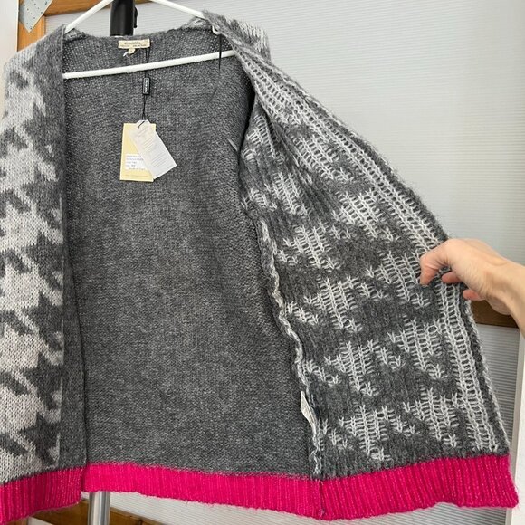 NWT Elisabetta‎ Collection Wool Mohair Blend Houndstooth Cardigan Grey Pink Sz S - Picture 11 of 14